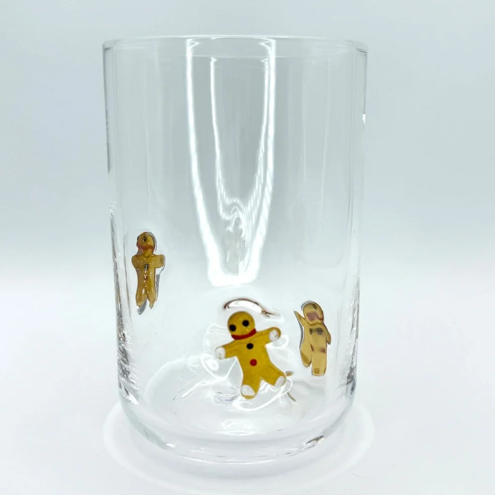 Handblown Clear Glass Tumbler with 3D‎ Gingerbread Man Figurines Holiday 4.75in